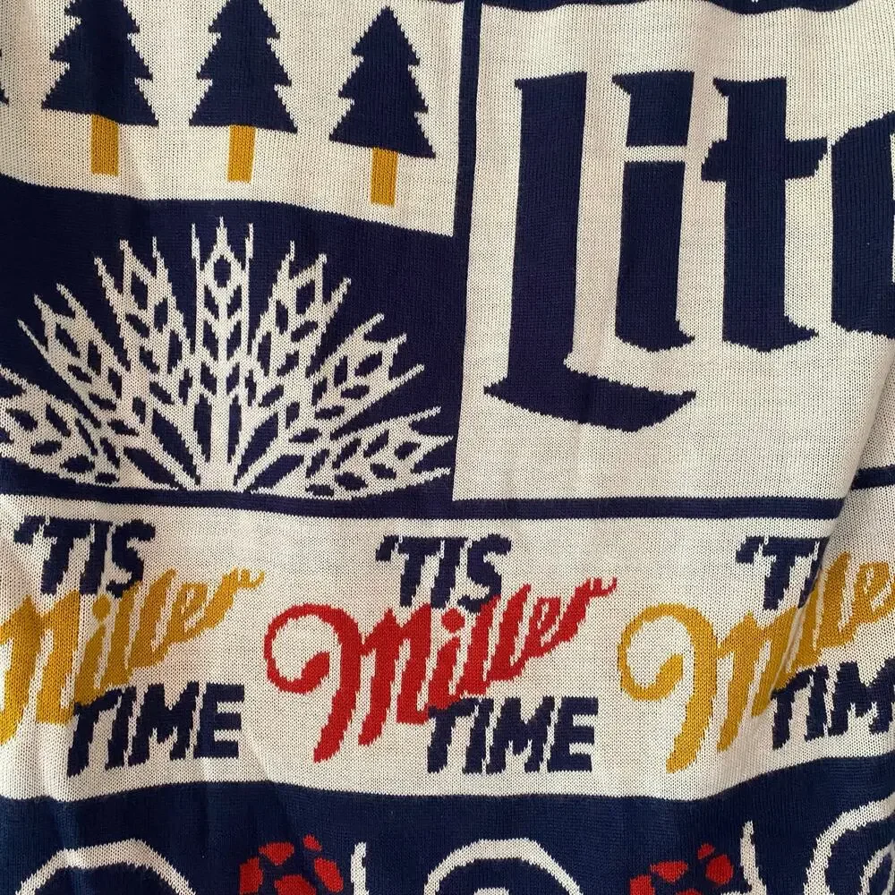 Miller Lite Ugly Christmas Holiday Sweater Crewneck Navy Blue White Men's Small